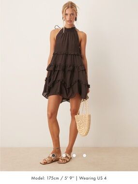 ASOS DESIGN halter neck ruffled mini sundress with pintucks in chocolate